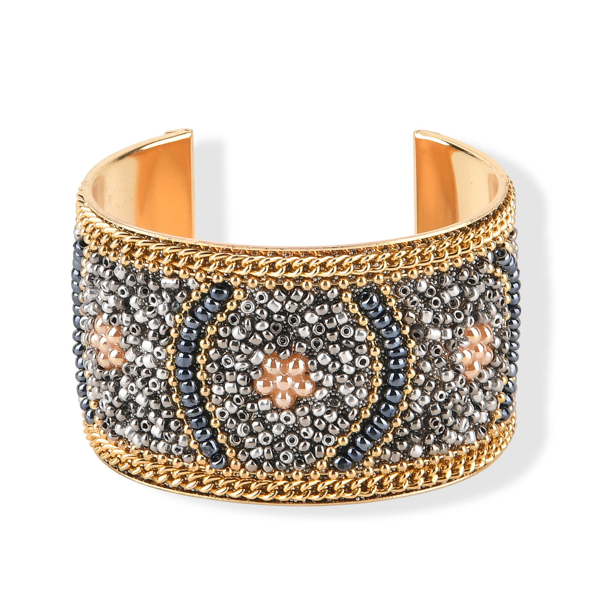 Set of 2 - Designer Inspired Floral Pattern Embellished Headband and Cuff Bracelet Set - Gold V32565775 7