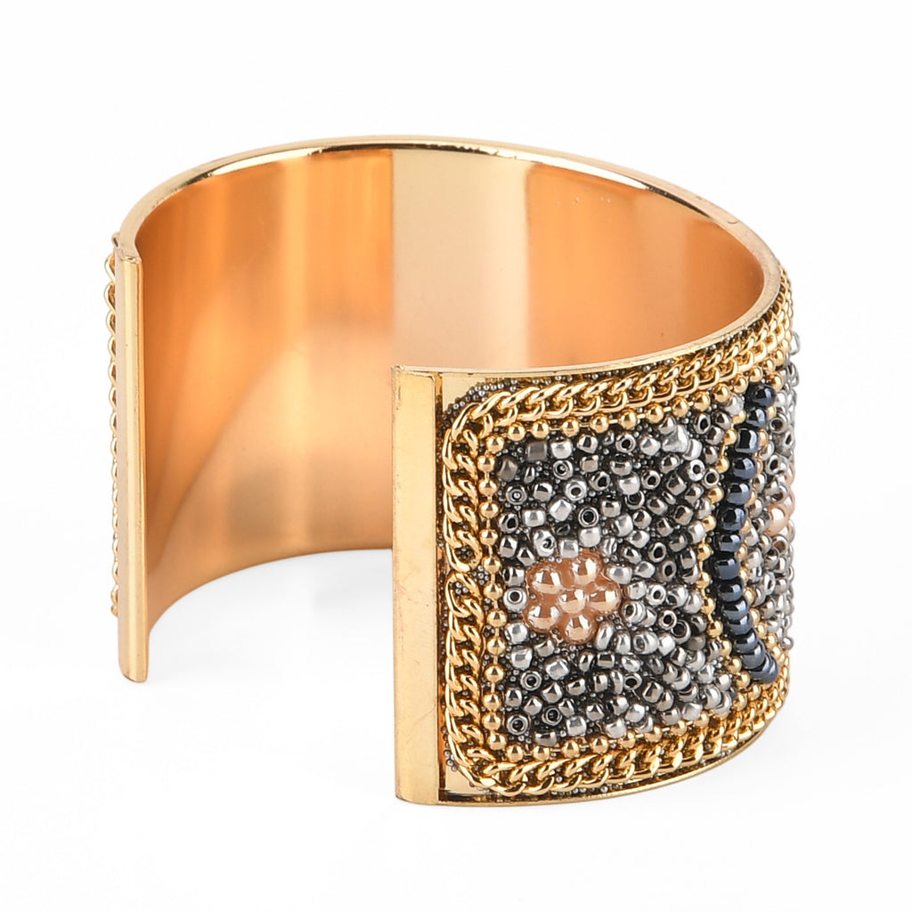 Set of 2 - Designer Inspired Floral Pattern Embellished Headband and Cuff Bracelet Set - Gold_8575015_7