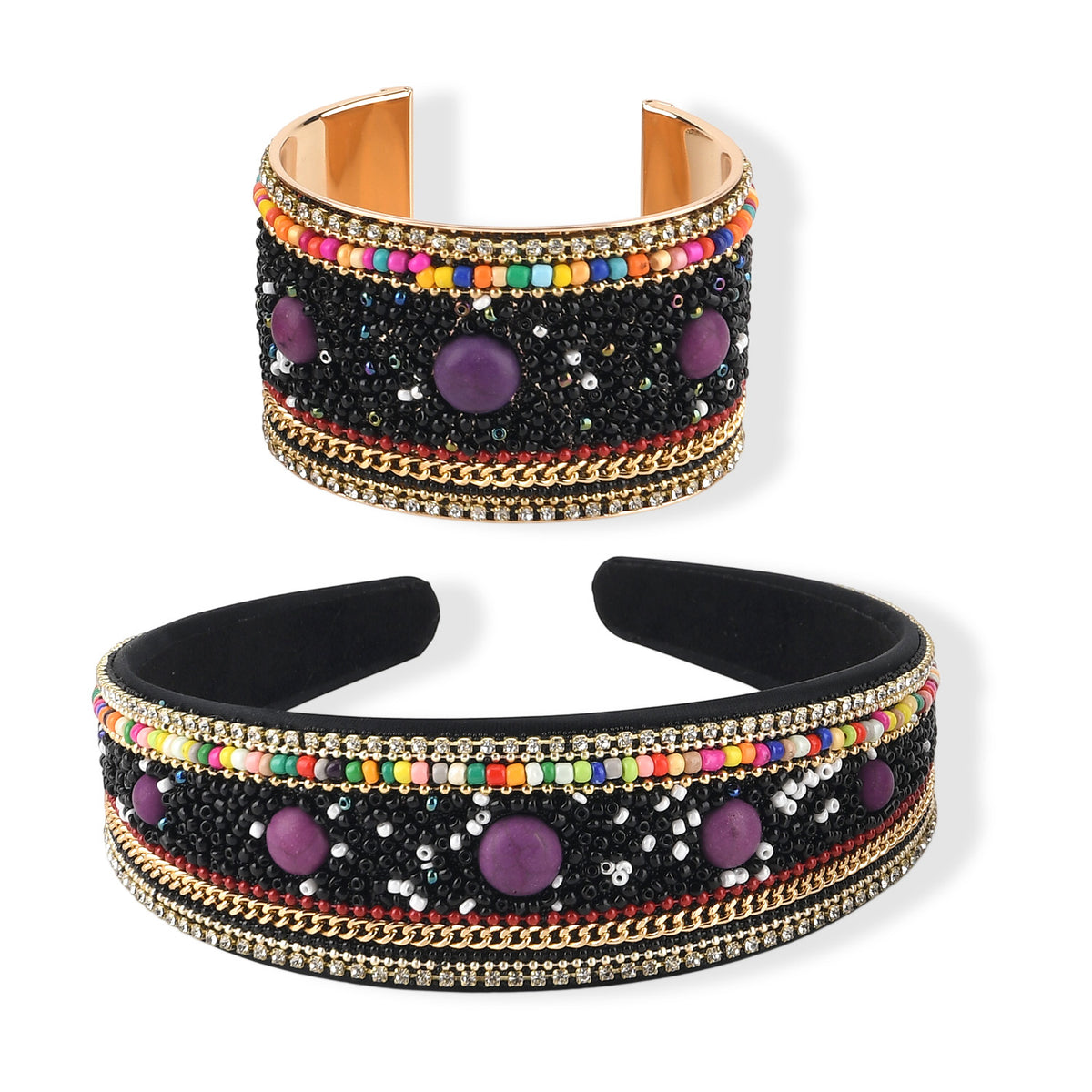 Set of 2 - Designer Inspired Multi-colour Stones Embellished Headband and Cuff Bracelet Set - Black V32592944 0