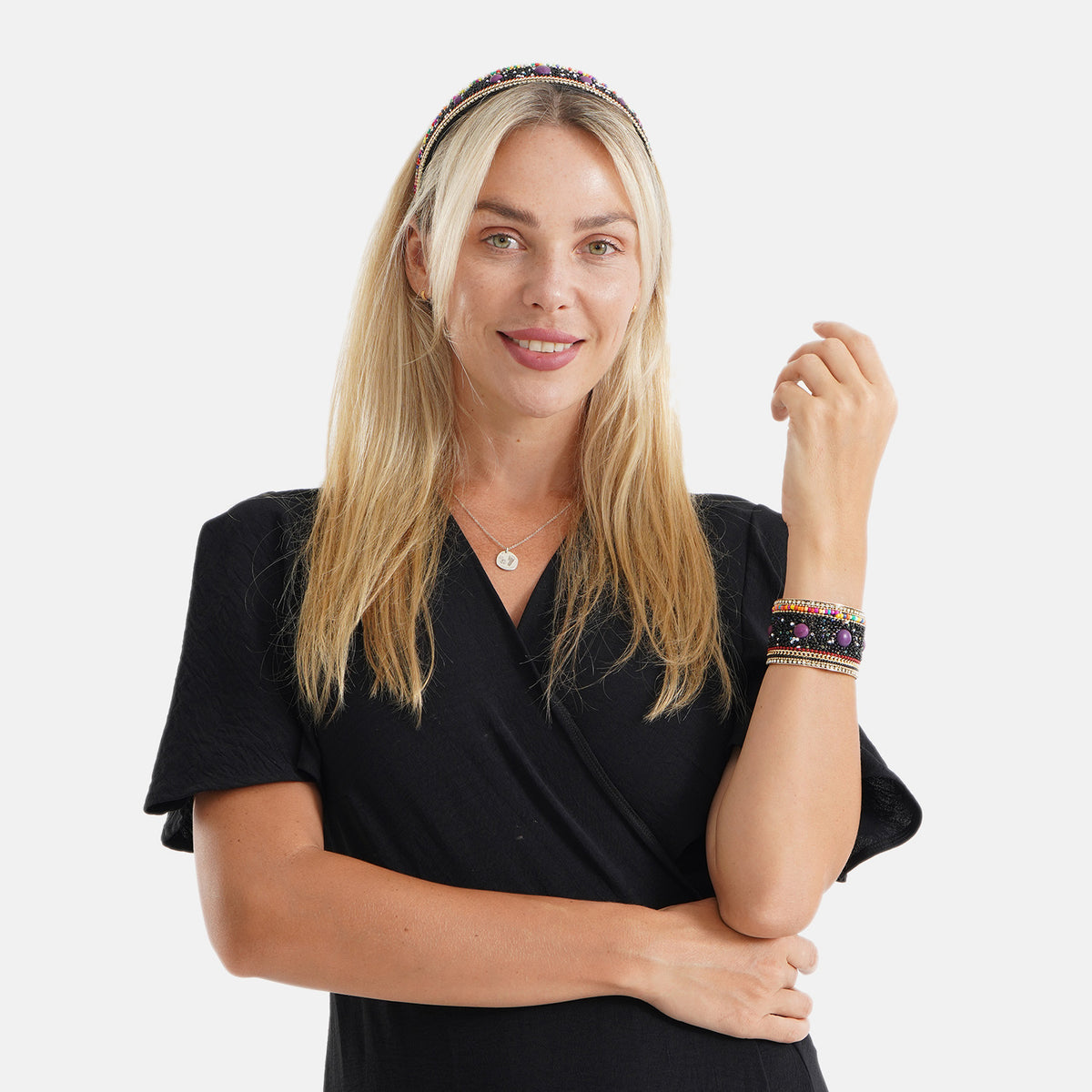 Set of 2 - Designer Inspired Multi-colour Stones Embellished Headband and Cuff Bracelet Set - Black V32592944 2
