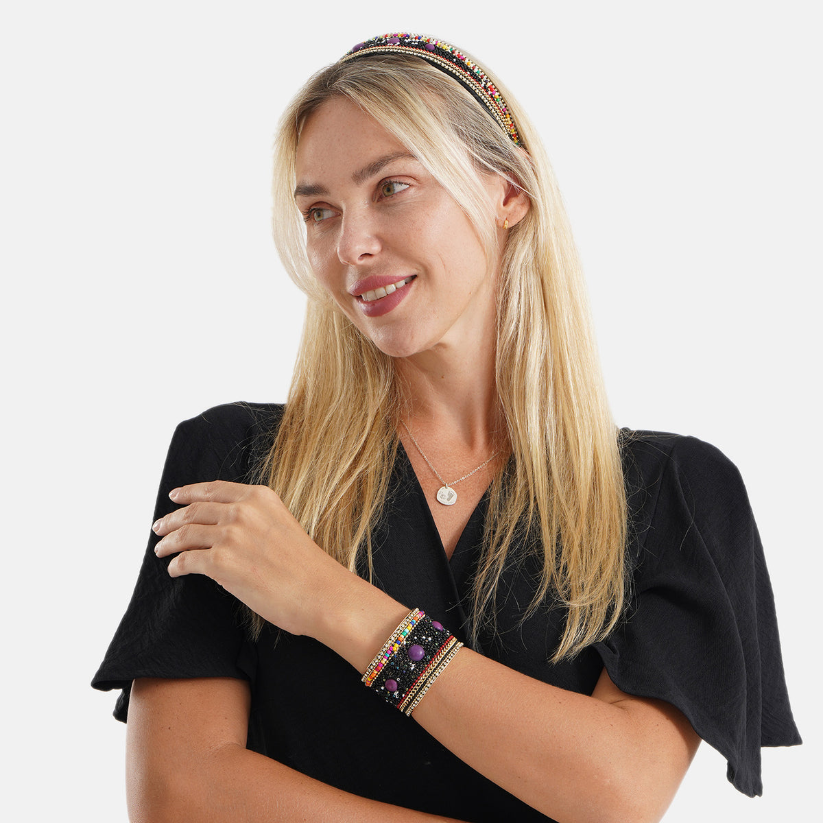 Set of 2 - Designer Inspired Multi-colour Stones Embellished Headband and Cuff Bracelet Set - Black V32592944 3