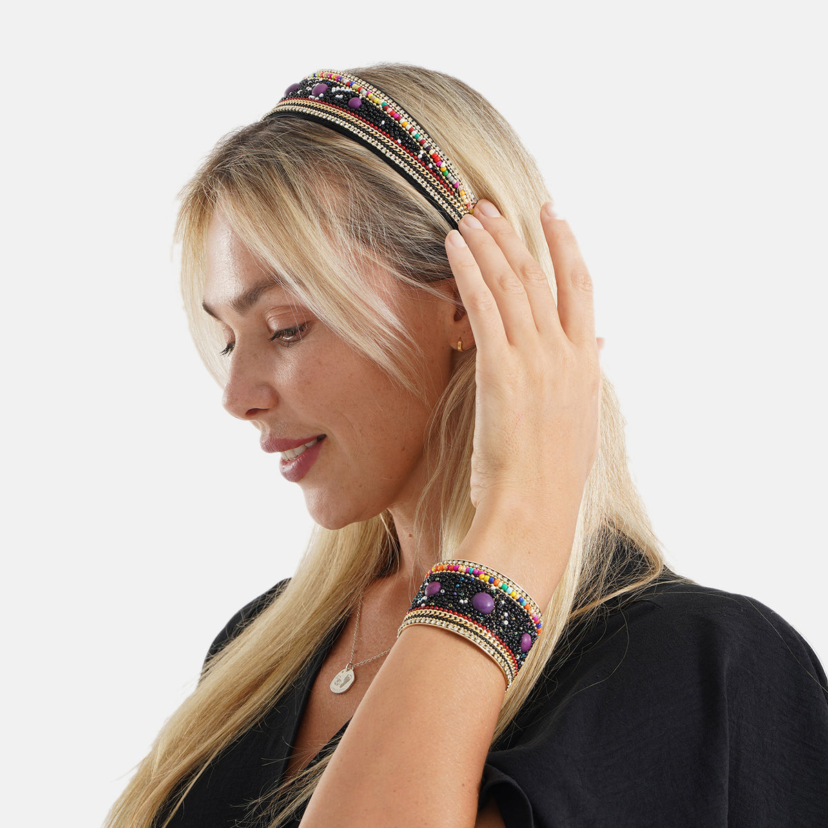 Set of 2 - Designer Inspired Multi-colour Stones Embellished Headband and Cuff Bracelet Set - Black V32592944 4
