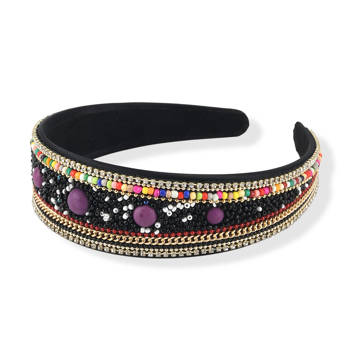 Set of 2 - Designer Inspired Multi-colour Stones Embellished Headband and Cuff Bracelet Set - Black V32592944 5