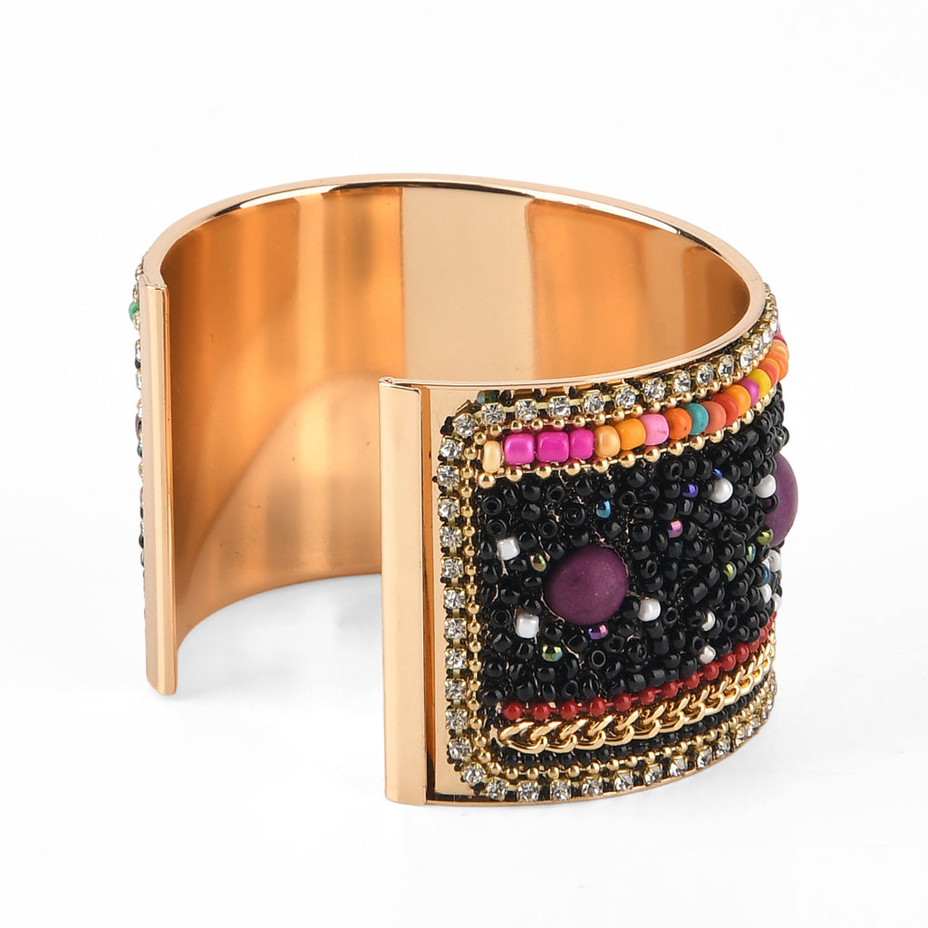 Set of 2 - Designer Inspired Multi-colour Stones Embellished Headband and Cuff Bracelet Set - Black_8575016_7