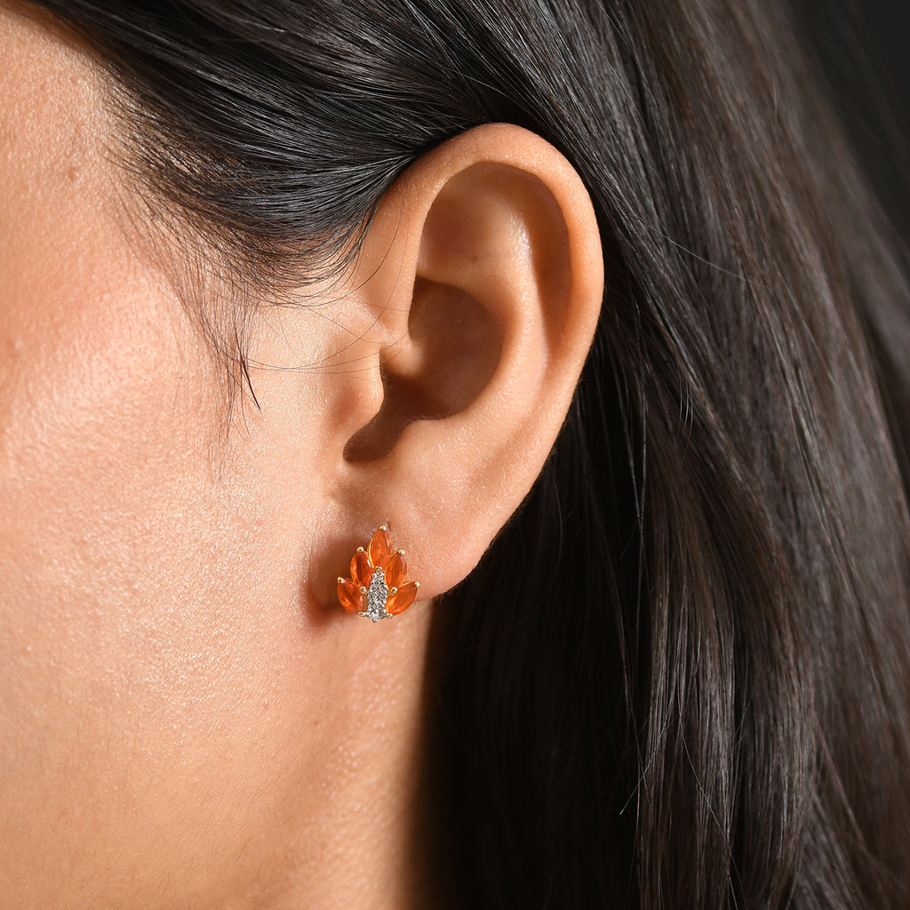D'Joy - Natural Crimson AAA Fire Opal & White Zircon Cluster Earring with Push Post in Yellow Gold Plated Sterling Silver 1.10 Ct._8575018_1