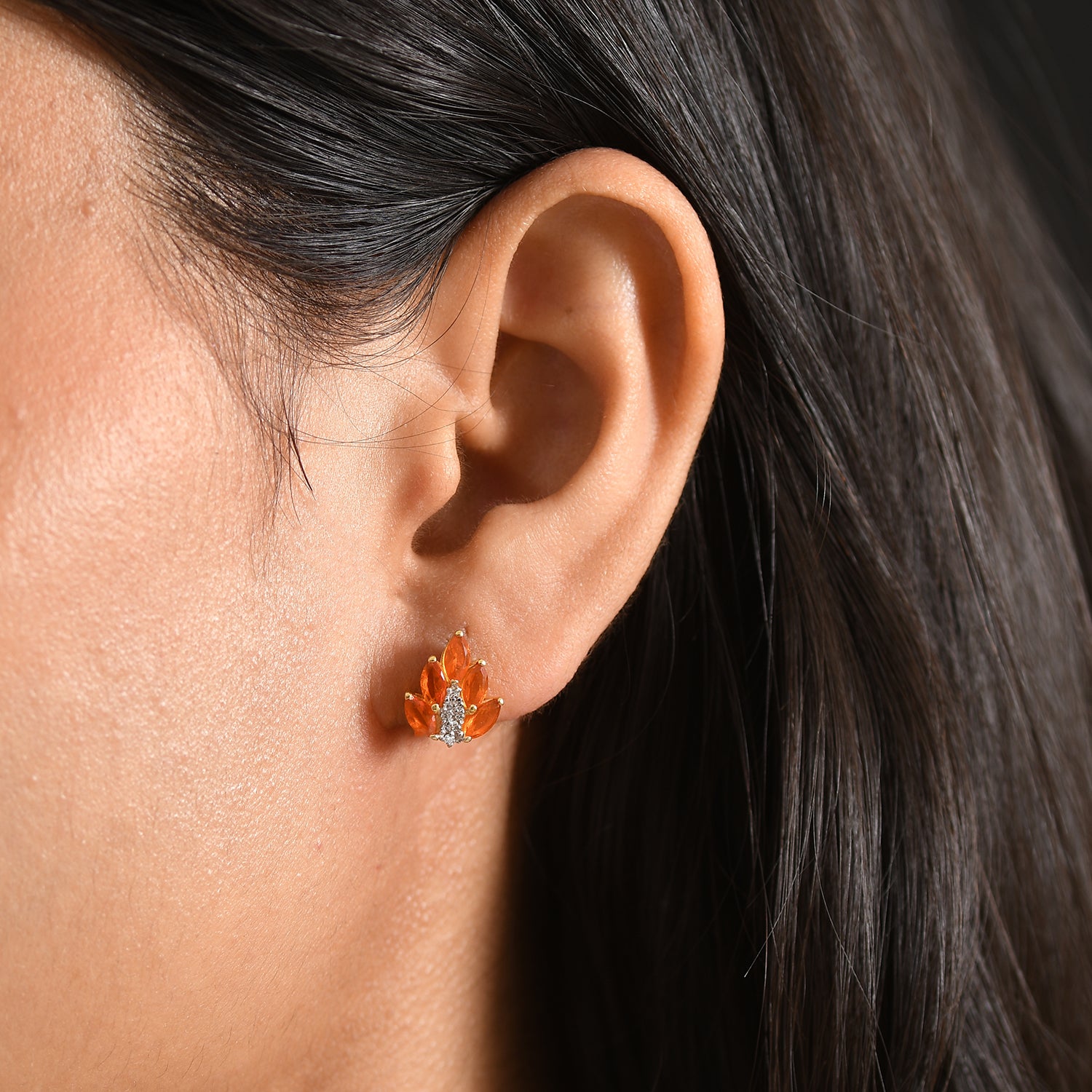 D'Joy - Natural Crimson AAA Fire Opal &amp; White Zircon Cluster Earring with Push Post in Yellow Gold Plated Sterling Silver 1.10 Ct. 8575018 1