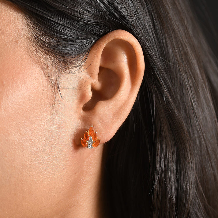 D'Joy - Natural Crimson AAA Fire Opal &amp; White Zircon Cluster Earring with Push Post in Yellow Gold Plated Sterling Silver 1.10 Ct. 8575018 2