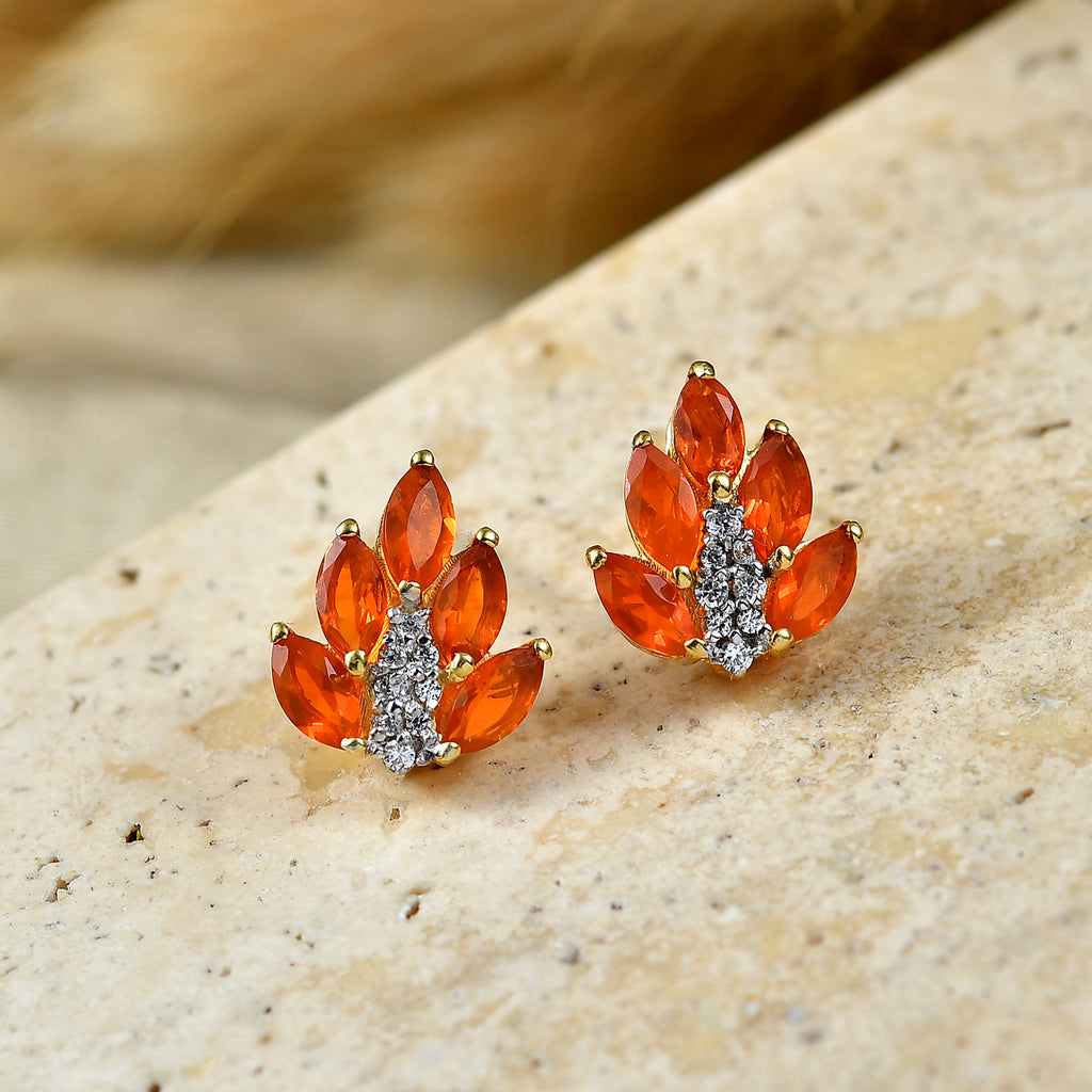D'Joy - Natural Crimson AAA Fire Opal & White Zircon Cluster Earring with Push Post in Yellow Gold Plated Sterling Silver 1.10 Ct._8575018_2