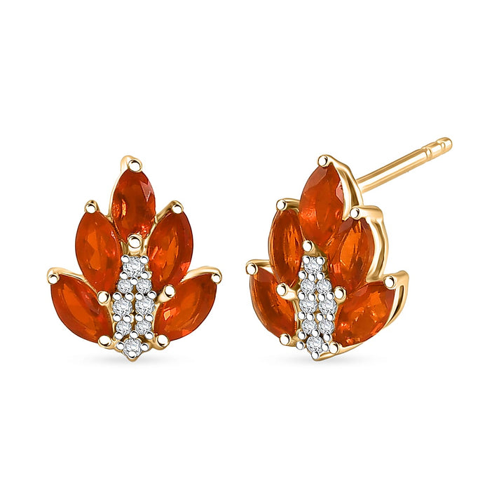 D'Joy - Natural Crimson AAA Fire Opal &amp; White Zircon Cluster Earring with Push Post in Yellow Gold Plated Sterling Silver 1.10 Ct. 8575018 1