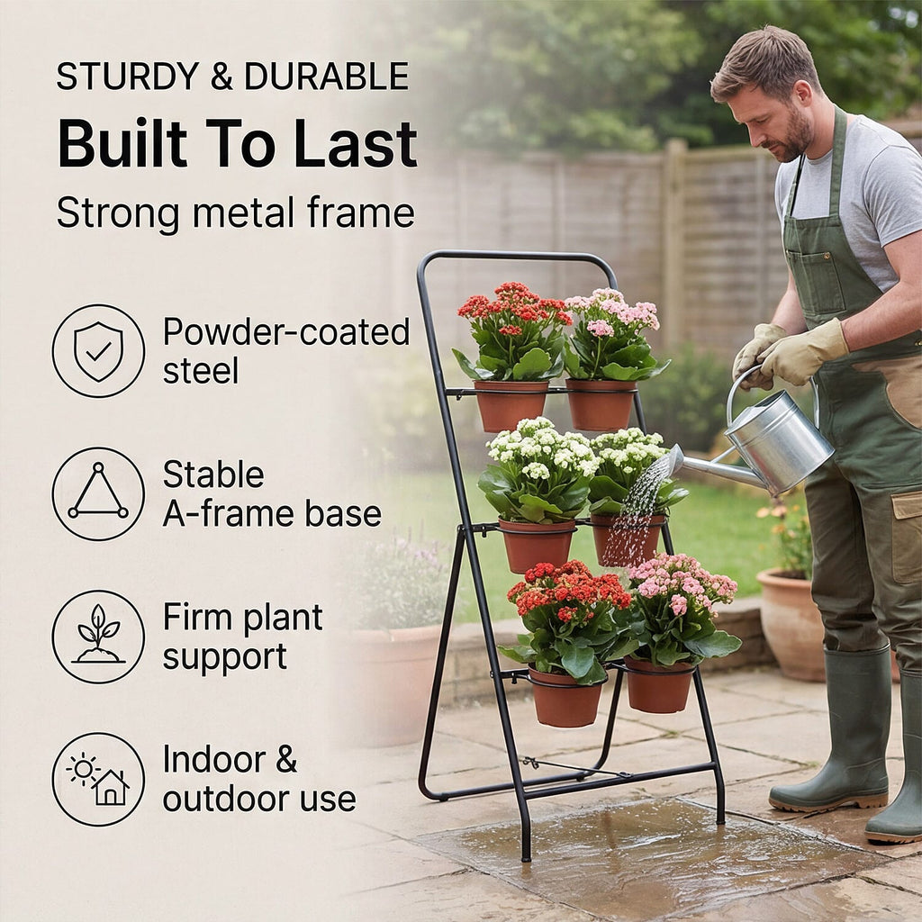 6-Circle Metal Plant Rack - 80cm Tall Black Tiered Garden Stand