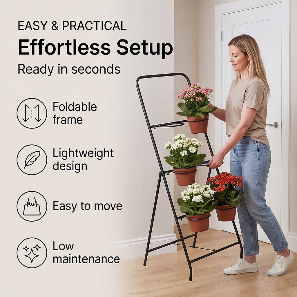 6-Circle Metal Plant Rack - 80cm Tall Black Tiered Garden Stand