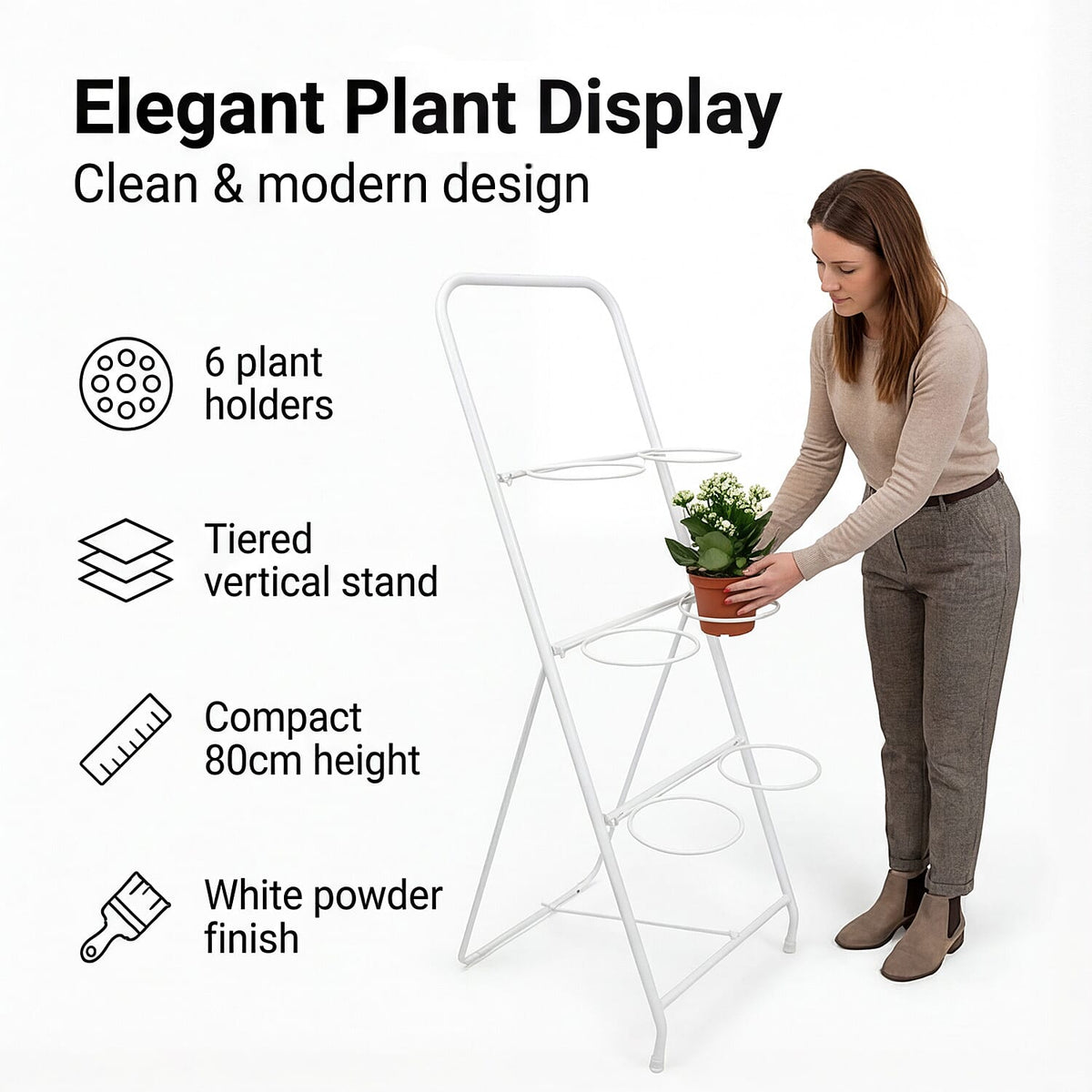 6-Circle Metal Plant Rack - 80cm Tall White Tiered Garden Stand 8575020 1
