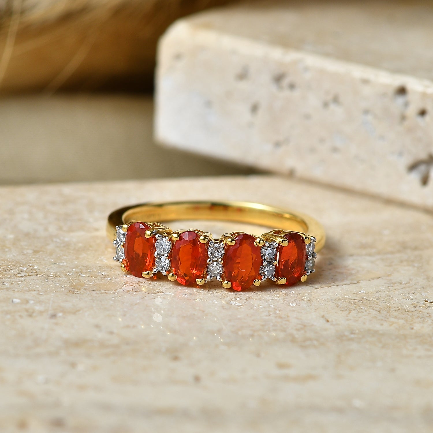 Luxuriant - Natural Crimson Fire Opal &amp; Lab Grown Diamond (SI/G-H) Ring in Yellow Gold Plated Sterling Silver 0.76 Ct. 8575041 3
