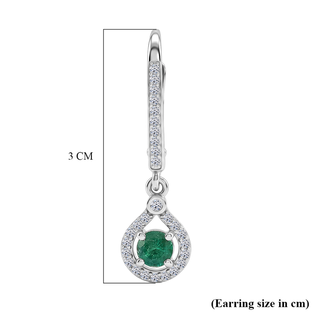 D'Joy - Premium Zambian Emerald & White Zircon Dangling Earring with Lever Back in Rhodium Overlay Sterling Silver_8575302_5