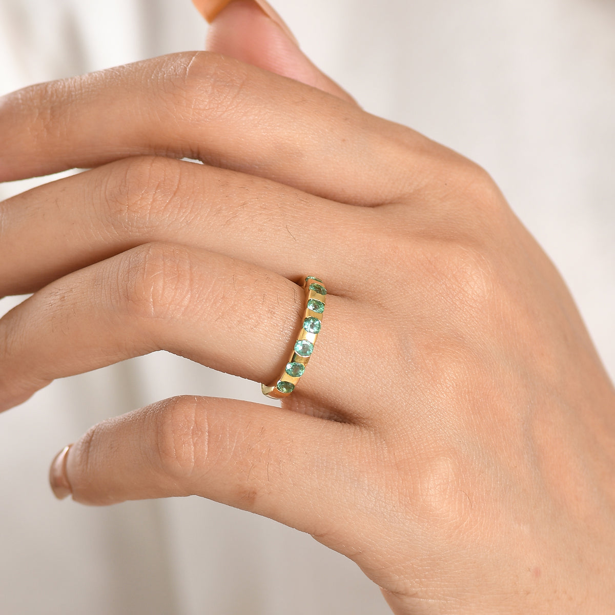 D'Joy - AAA Zambian Emerald 7 Stone Band Ring in 18K Vermeil Yellow Gold Plated Sterling Silver V32523008 2