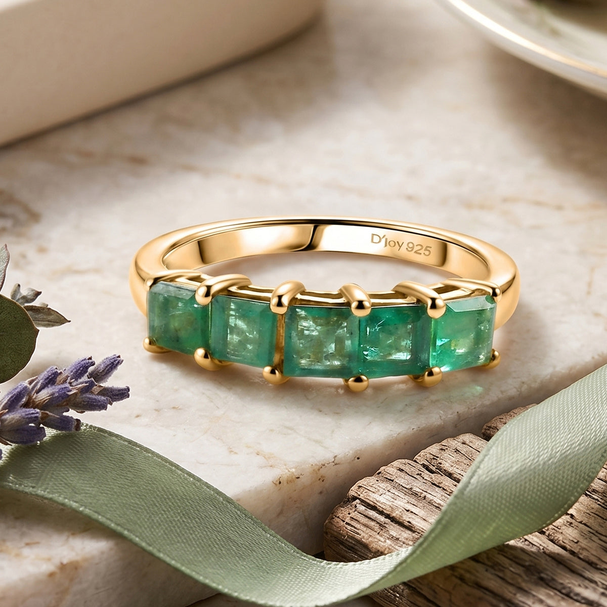 D'Joy - AAA Zambian Emerald 5 Stone Ring in 18K Vermeil Yellow Gold Plated Sterling Silver 1.16 Ct. 8575384 3