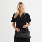 Women's Genuine Leather Modern Top-Handle Satchel Bag with Adjustable Shoulder Strap - Black_8575443