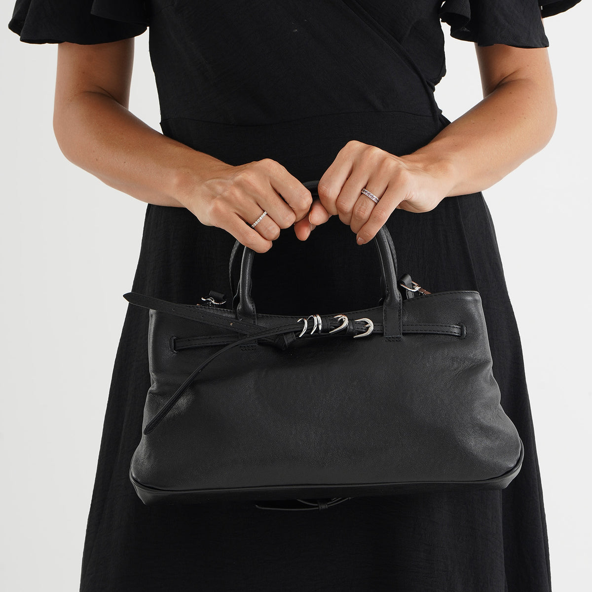 Women's Genuine Leather Modern Top-Handle Satchel Bag with Adjustable Shoulder Strap - Black V32636203 3