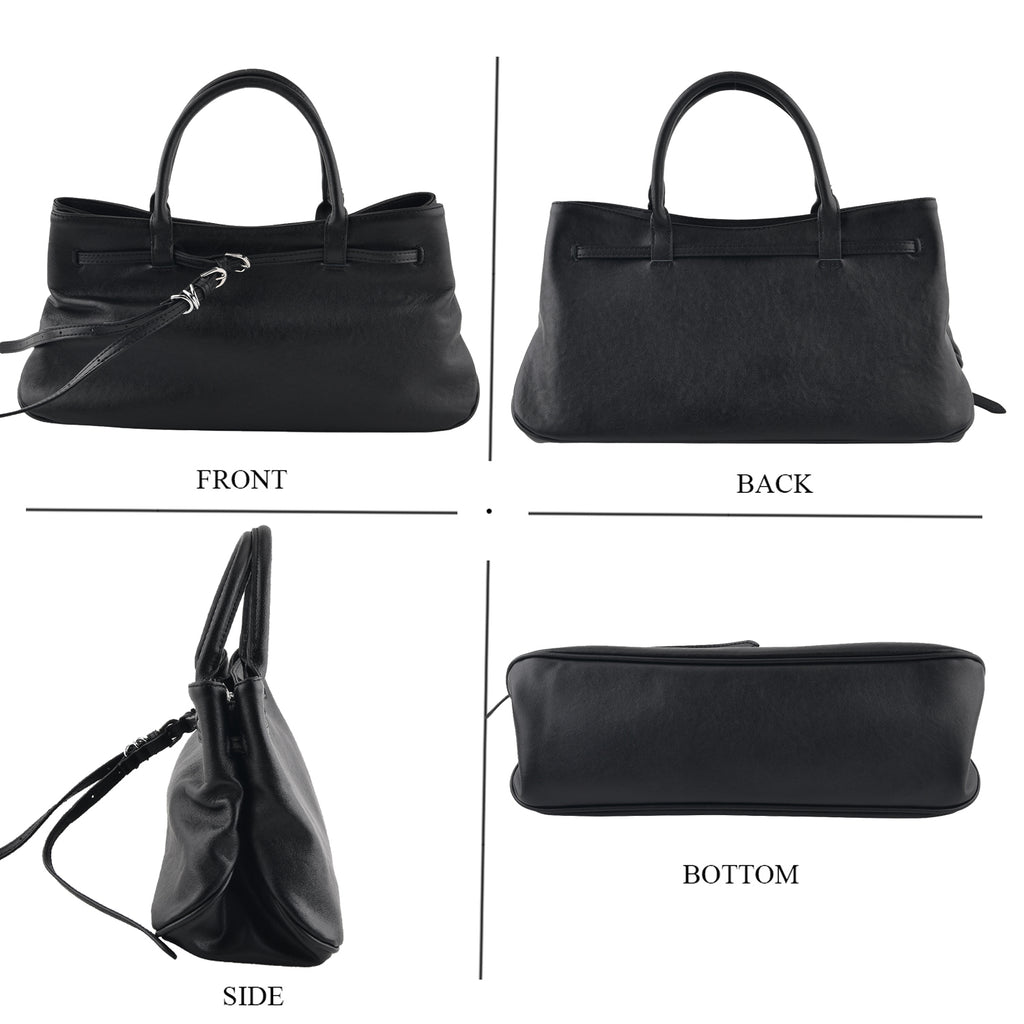 Women's Genuine Leather Modern Top-Handle Satchel Bag with Adjustable Shoulder Strap - Black_8575443