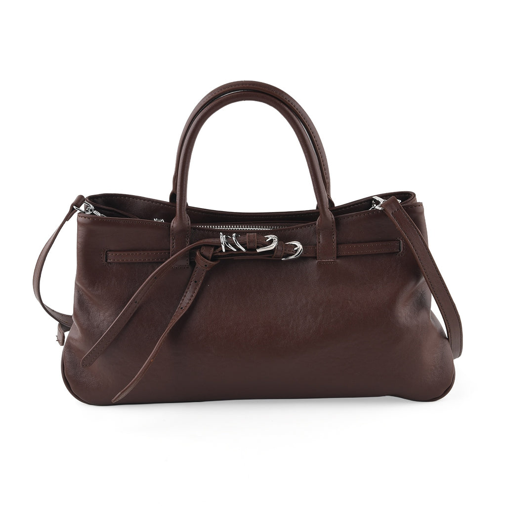 Women's Genuine Leather Modern Top-Handle Satchel Bag with Adjustable Shoulder Strap - Chocolate_8575459