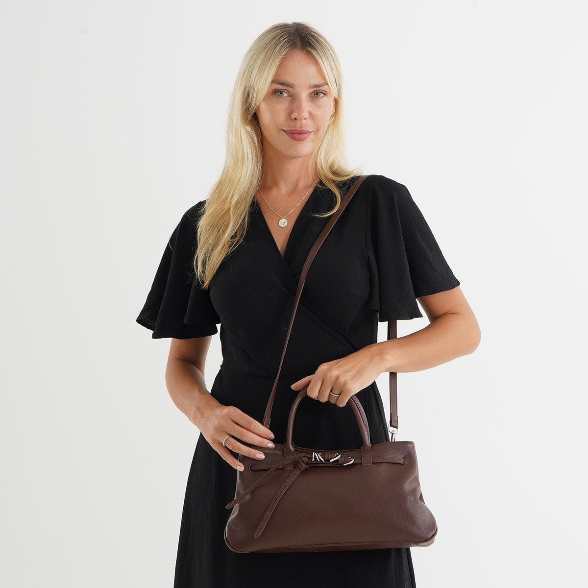 Women's Genuine Leather Modern Top-Handle Satchel Bag with Adjustable Shoulder Strap - Chocolate V32639239 2