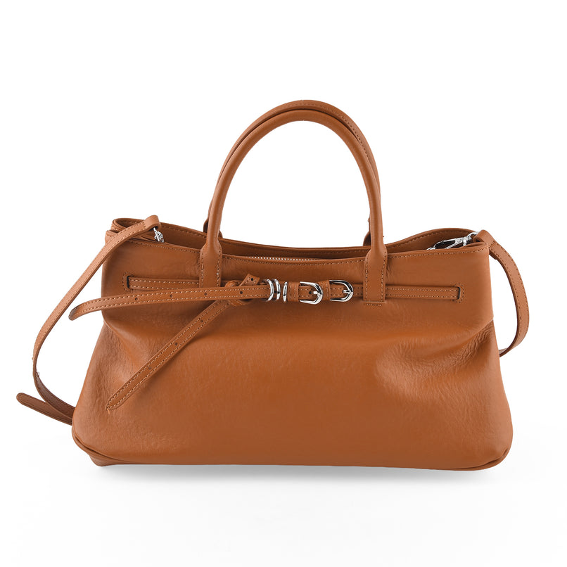Women's Genuine Leather Modern Top-Handle Satchel Bag with Adjustable Shoulder Strap - Tan_8575460