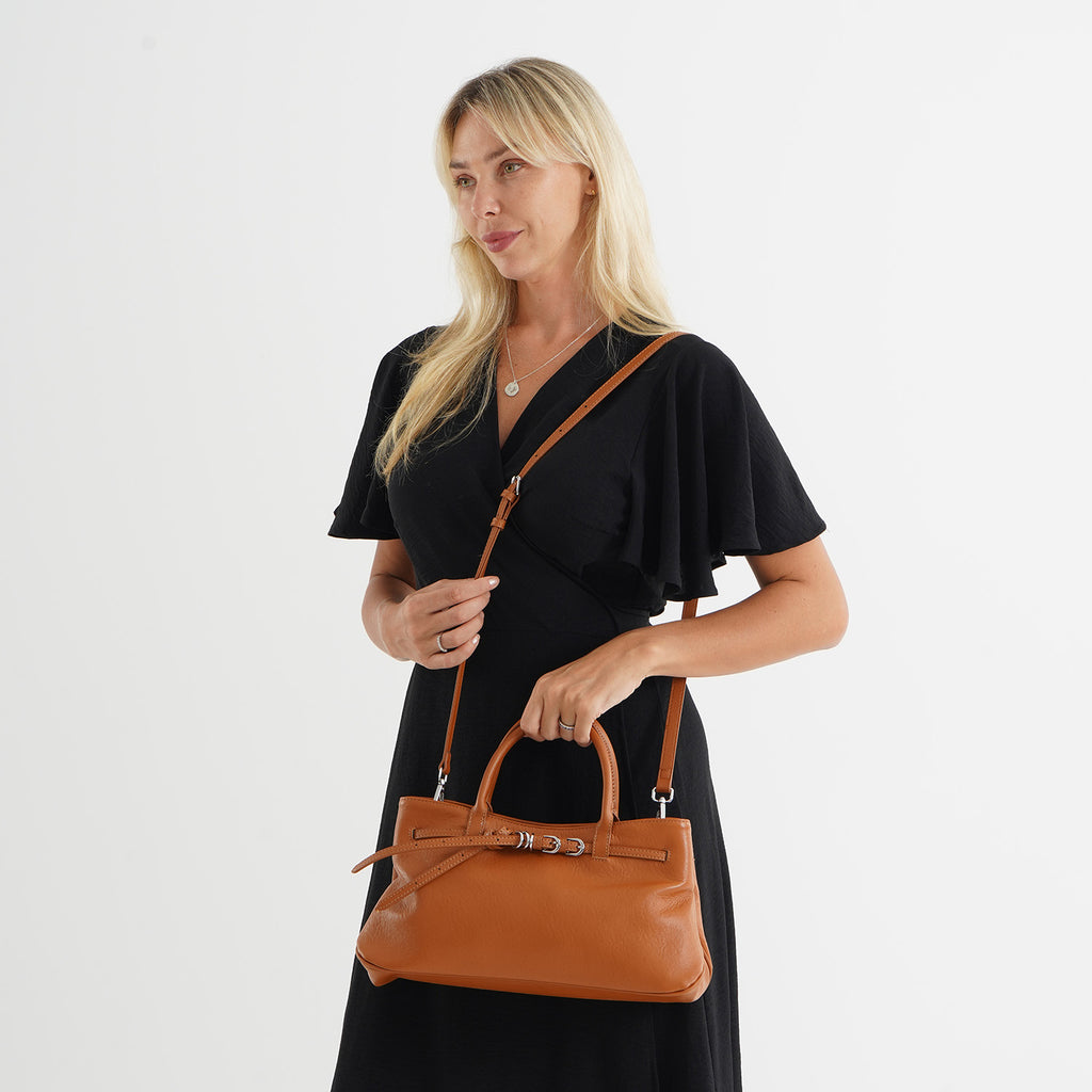 Women's Genuine Leather Modern Top-Handle Satchel Bag with Adjustable Shoulder Strap - Tan_8575460