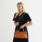 Women's Genuine Leather Modern Top-Handle Satchel Bag with Adjustable Shoulder Strap - Tan_8575460