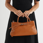Women's Genuine Leather Modern Top-Handle Satchel Bag with Adjustable Shoulder Strap - Tan_8575460