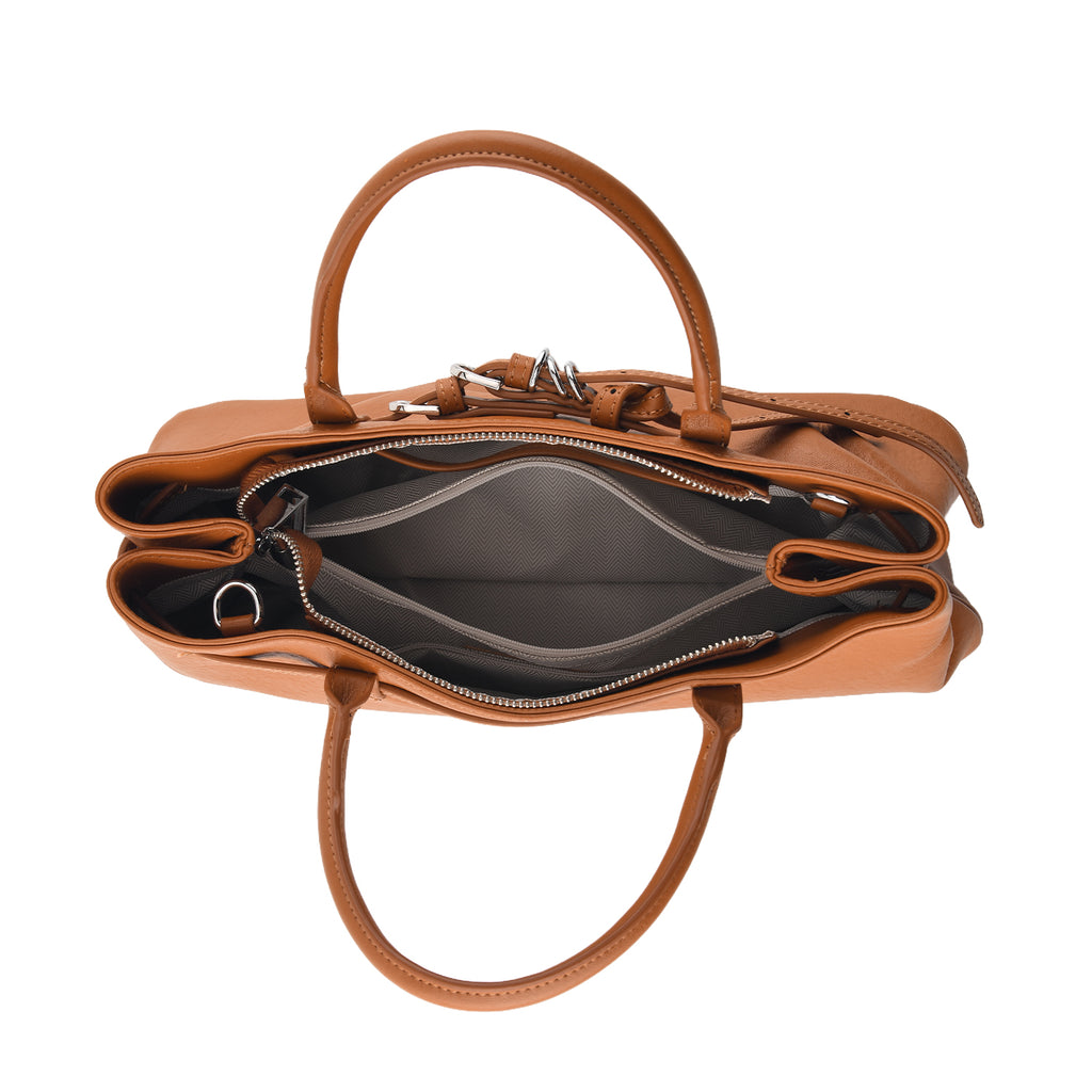 Women's Genuine Leather Modern Top-Handle Satchel Bag with Adjustable Shoulder Strap - Tan_8575460