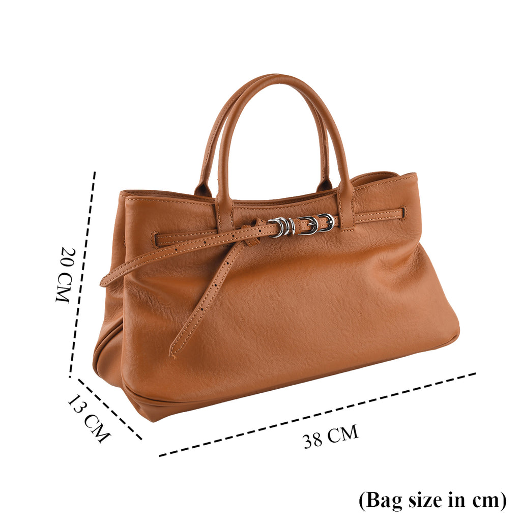 Women's Genuine Leather Modern Top-Handle Satchel Bag with Adjustable Shoulder Strap - Tan_8575460