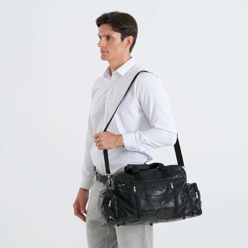 100% Genuine Leather Holdall Travel Duffel Bag - Black_8575475_1