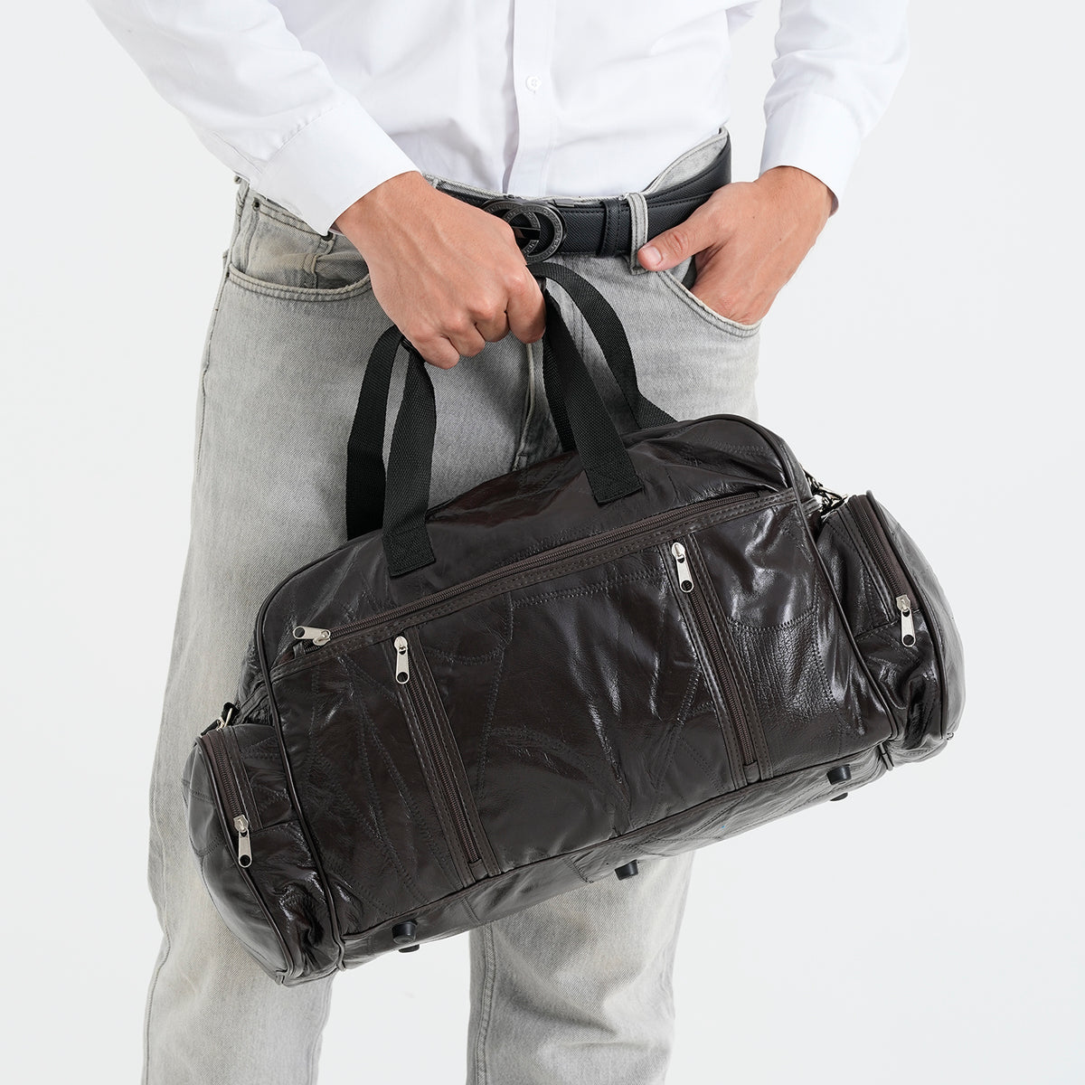 100% Genuine Leather Holdall Travel Duffel Bag - Brown V32665562 3