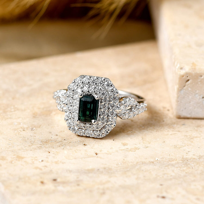 Certified and Appraised D'Joy Indicolite, Moissanite Main Stone With Surrounding Stone Ring in Rhodium OverlaySterling Silver  1.460  Ct. 8575585 2