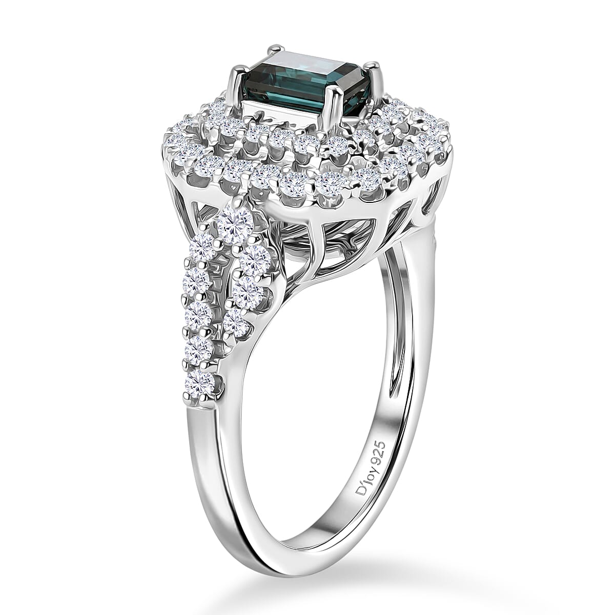 Certified and Appraised D'Joy Indicolite, Moissanite Main Stone With Surrounding Stone Ring in Rhodium Overlay Sterling Silver 1.460 Ct. 8575585 3