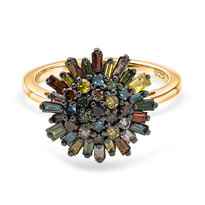 GP Family Legacy Italy - Natural Champagne Diamond With Blue, Green, Red &amp; Yellow Diamond &amp; Blue Sapphire Cluster Floral Ring in 18K Gold Vermeil Sterling Silver 1.00 Ct. 8575763 1