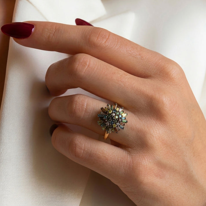 GP Family Legacy Italy - Natural Champagne Diamond With Blue, Green, Red &amp; Yellow Diamond &amp; Blue Sapphire Cluster Floral Ring in 18K Gold Vermeil Sterling Silver 1.00 Ct. 8575763 2