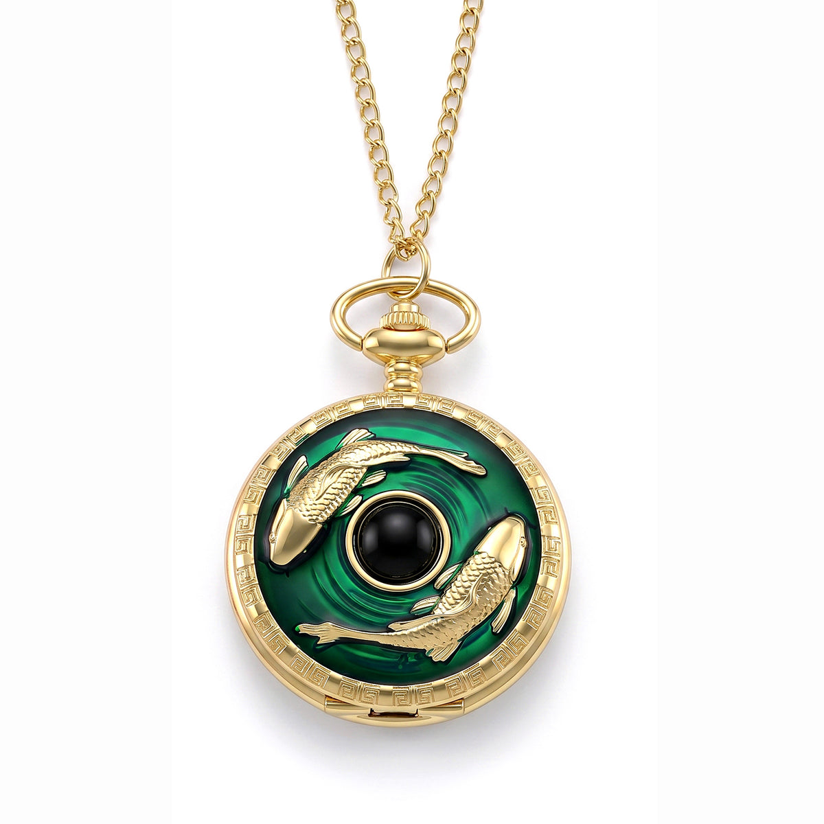 STRADA Limited Edition Green Enamelled Carp Pocket Watch With Japanese Movement, Water Resistancy &amp; 31 Inch Curb Chain V32512466 0