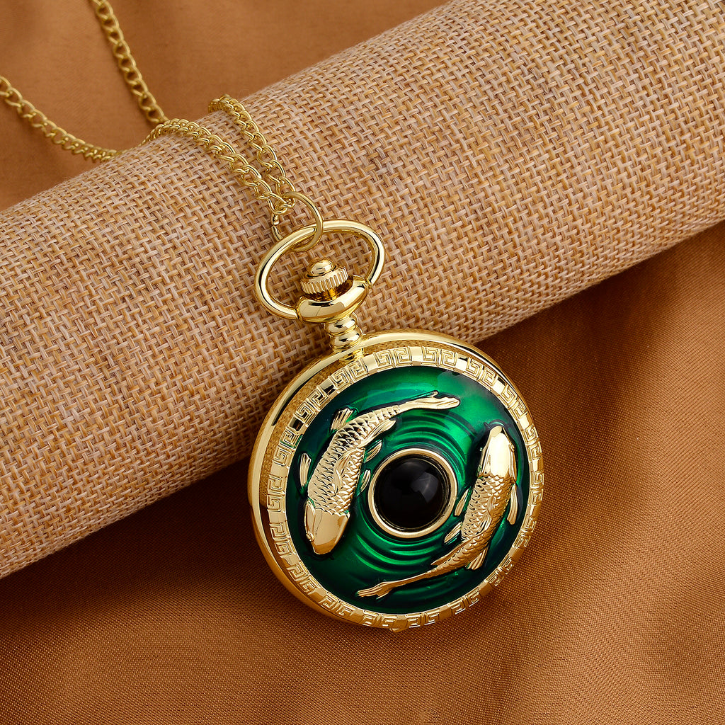 STRADA Limited Edition Green Enamelled Carp Pocket Watch With Japanese Movement, Water Resistancy & 31 Inch Curb Chain_8576299_1