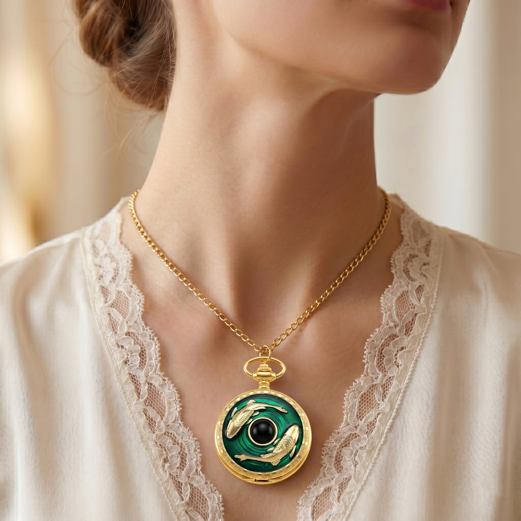 STRADA Limited Edition Green Enamelled Carp Pocket Watch With Japanese Movement, Water Resistancy & 31 Inch Curb Chain_8576299_2