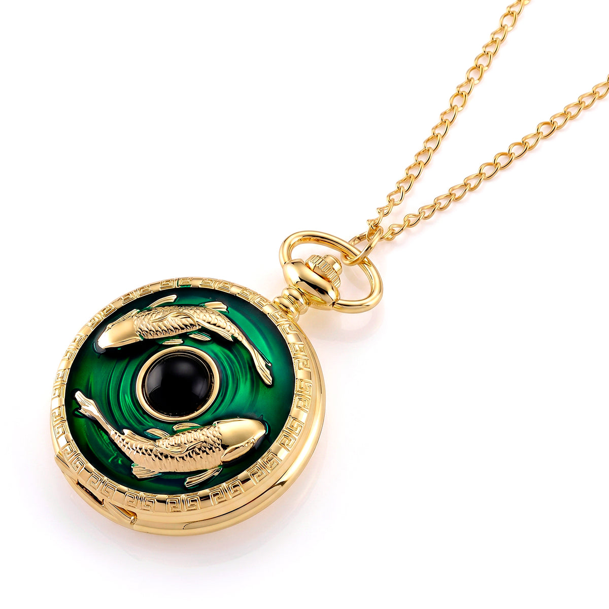 STRADA Limited Edition Green Enamelled Carp Pocket Watch With Japanese Movement, Water Resistancy &amp; 31 Inch Curb Chain V32512466 5