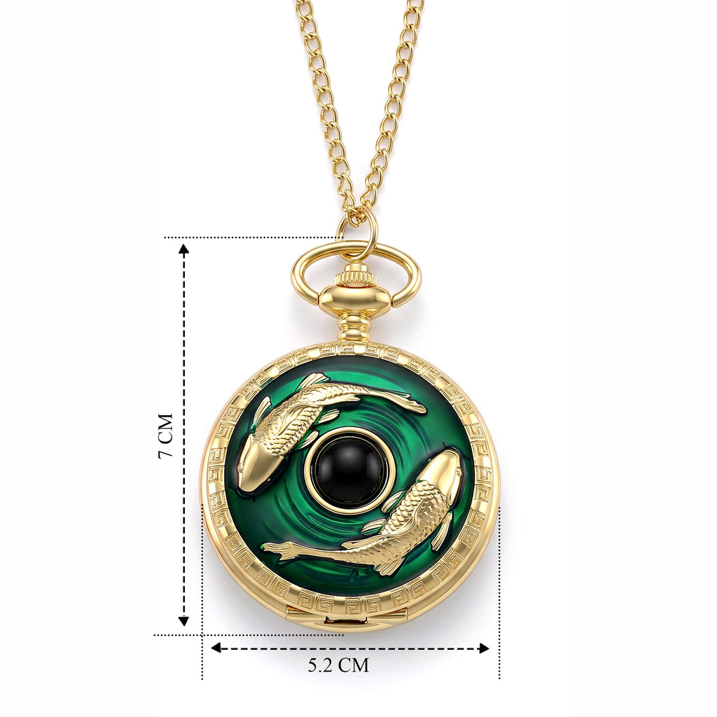 STRADA Limited Edition Green Enamelled Carp Pocket Watch With Japanese Movement, Water Resistancy & 31 Inch Curb Chain_8576299_7