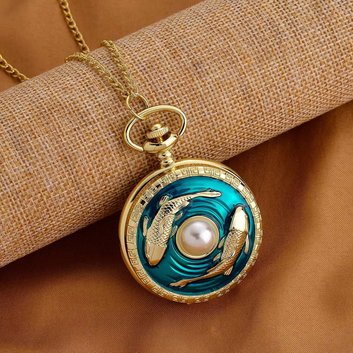 STRADA Limited Edition Blue Enamelled Carp Pocket Watch With Japanese Movement, Water Resistancy &amp; 31 Inch Curb Chain V32516854 2