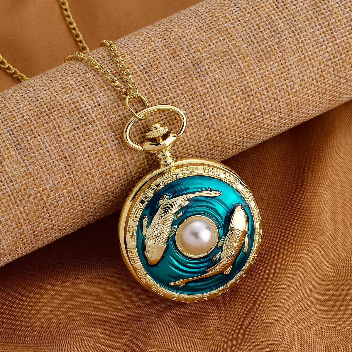 STRADA Limited Edition Blue Enamelled Carp Pocket Watch With Japanese Movement, Water Resistancy &amp; 31 Inch Curb Chain V32516854 2