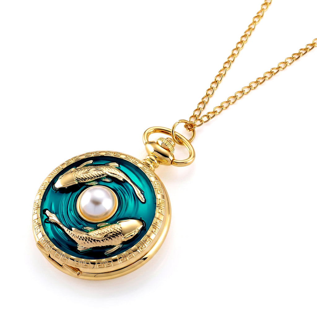 STRADA Limited Edition Blue Enamelled Carp Pocket Watch With Japanese Movement, Water Resistancy & 31 Inch Curb Chain_8576302_4