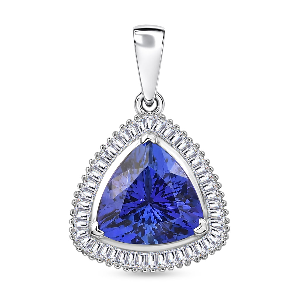 Rhapsody - 950 Platinum AAAA Tanzanite and Natural Earth Mined Diamond (VS/E-F) Trillion Cut Halo Pendant 4.04 Ct, Platinum Wt. 4.05 Gms_8576499