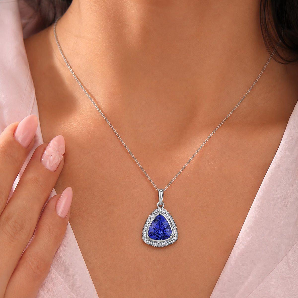 Rhapsody - 950 Platinum AAAA Tanzanite and Natural Earth Mined Diamond (VS/E-F) Trillion Cut Halo Pendant 4.04 Ct, Platinum Wt. 4.05 Gms 8576499 2