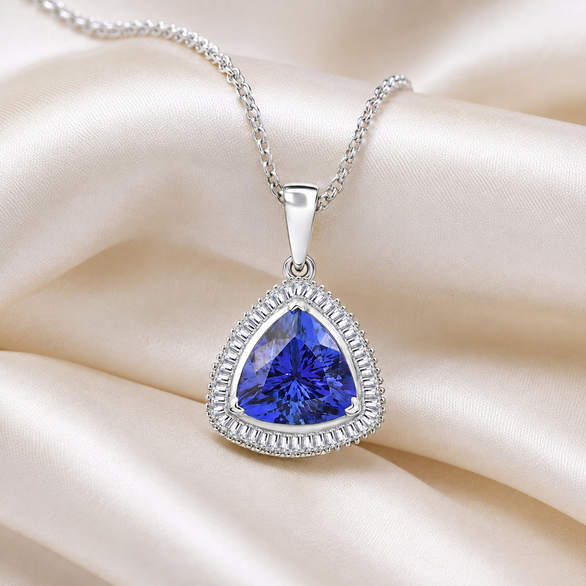 Rhapsody - 950 Platinum AAAA Tanzanite and Natural Earth Mined Diamond (VS/E-F) Trillion Cut Halo Pendant 4.04 Ct, Platinum Wt. 4.05 Gms 8576499 3