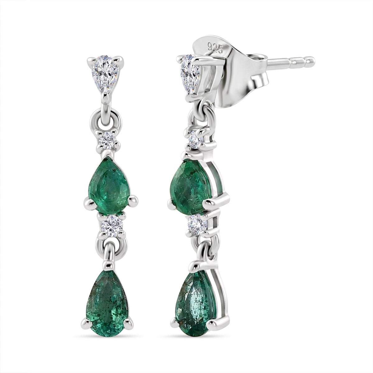 D'Joy - AAA Gemfields Zambian Emerald &amp; White Zircon Dangling Earring with Push Post in Rhodium Overlay Sterling Silver 1.00 Ct. 8576527 0