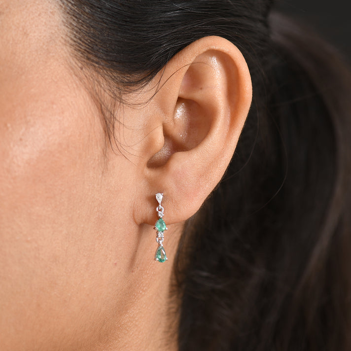 D'Joy - AAA Gemfields Zambian Emerald &amp; White Zircon Dangling Earring with Push Post in Rhodium Overlay Sterling Silver 1.00 Ct. 8576527 2